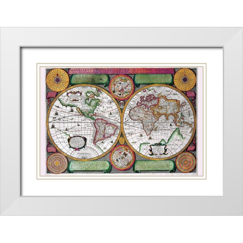 Stereographic World Map of the Eastern and Western Hemispheres White Modern Wood Framed Art Print with Double Matting by Boisseau, Jean