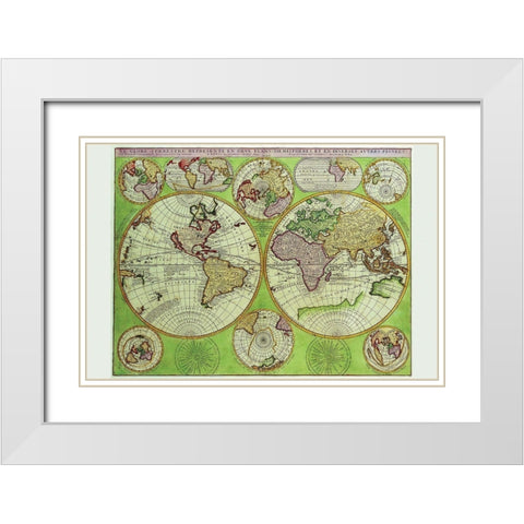 Stereographic World Map with Insets of Polar Projections White Modern Wood Framed Art Print with Double Matting by Coronelli, Vincenzo