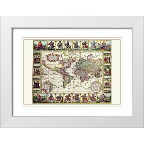 World Map of lands and waterways White Modern Wood Framed Art Print with Double Matting by Visscher, Nicolas