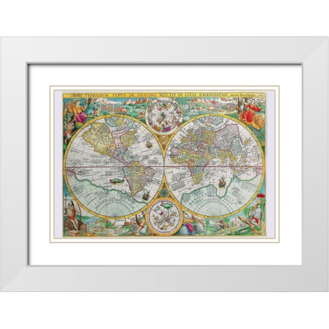 World Map White Modern Wood Framed Art Print with Double Matting by Plancius, Petrus