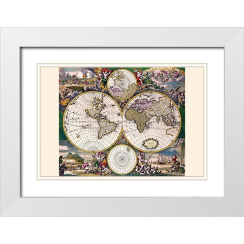 Stereographic Map of the World with Polar projections White Modern Wood Framed Art Print with Double Matting by Wit, Frederik De