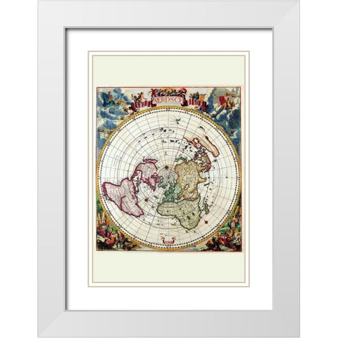 Polar Projection Map of the World White Modern Wood Framed Art Print with Double Matting by Dankertz, Cornelis