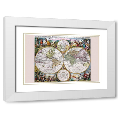 Stereographic Map of the World with Classical Illustration White Modern Wood Framed Art Print with Double Matting by Valk, Gerard