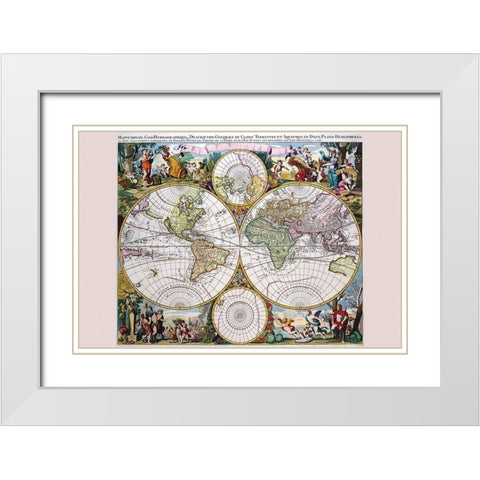 Stereographic Map of the World with Classical Illustration White Modern Wood Framed Art Print with Double Matting by Valk, Gerard