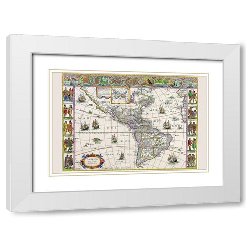 New Map of the Americas White Modern Wood Framed Art Print with Double Matting by Blaeu, Willem