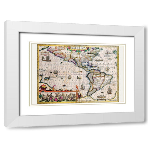 The Americas White Modern Wood Framed Art Print with Double Matting by Hondius, Jodocus