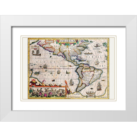 The Americas White Modern Wood Framed Art Print with Double Matting by Hondius, Jodocus