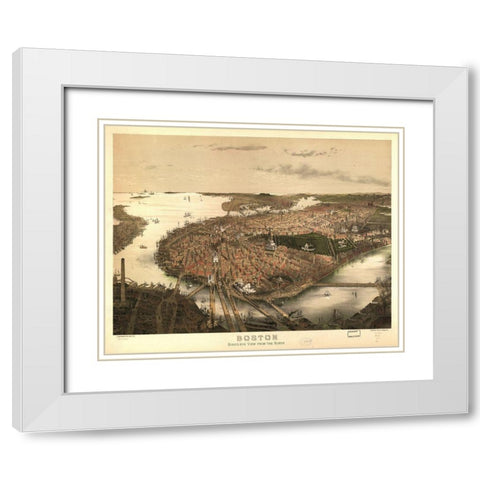 Birds Eye View of Boston 1877 White Modern Wood Framed Art Print with Double Matting by Prang & Company