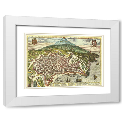 Catania Sicily White Modern Wood Framed Art Print with Double Matting by Hogenberg, Braun
