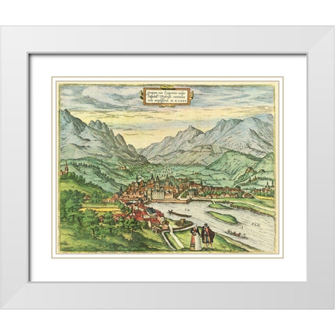 Innsbruck Austria Tyrol White Modern Wood Framed Art Print with Double Matting by Hogenberg, Braun