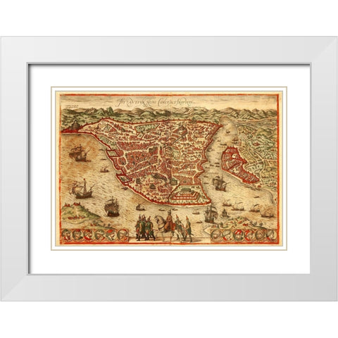 Istanbul White Modern Wood Framed Art Print with Double Matting by Hogenberg, Braun