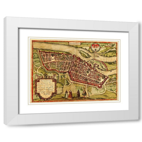 Magdeburg Germany White Modern Wood Framed Art Print with Double Matting by Hogenberg, Braun