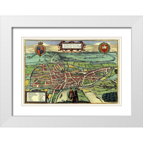 Norwich England White Modern Wood Framed Art Print with Double Matting by Hogenberg, Braun