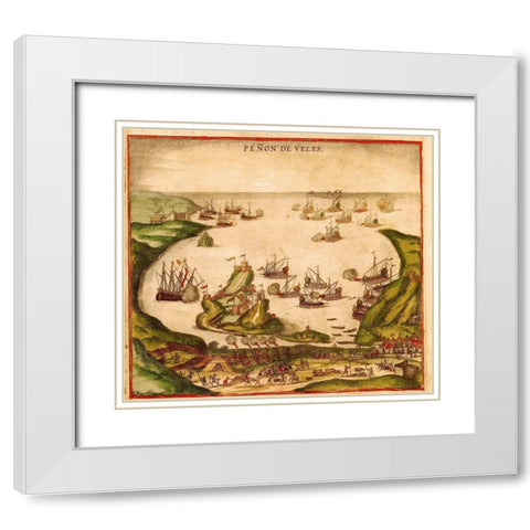 Penon de Velez de la Gomera White Modern Wood Framed Art Print with Double Matting by Hogenberg, Braun