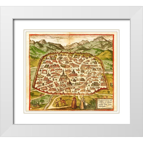 Damascus Syria White Modern Wood Framed Art Print with Double Matting by Hogenberg, Braun