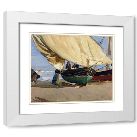 Fishermen and boats-Valencia White Modern Wood Framed Art Print with Double Matting by Sorolla, Joaquin