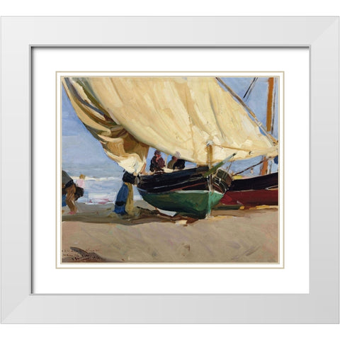 Fishermen and boats-Valencia White Modern Wood Framed Art Print with Double Matting by Sorolla, Joaquin