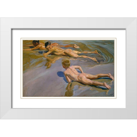 Boys On The Beach White Modern Wood Framed Art Print with Double Matting by Sorolla, Joaquin