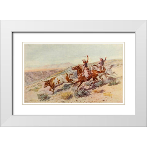 Buccaroos White Modern Wood Framed Art Print with Double Matting by Russell, Charles Marion