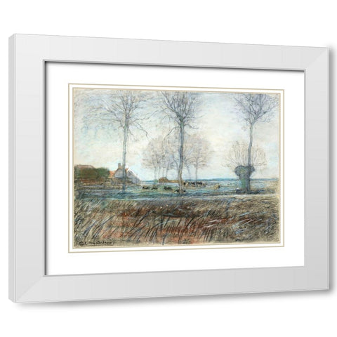 Farm Setting-Three Tall Trees in the Foreground White Modern Wood Framed Art Print with Double Matting by Mondrian, Piet
