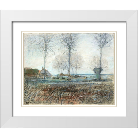 Farm Setting-Three Tall Trees in the Foreground White Modern Wood Framed Art Print with Double Matting by Mondrian, Piet