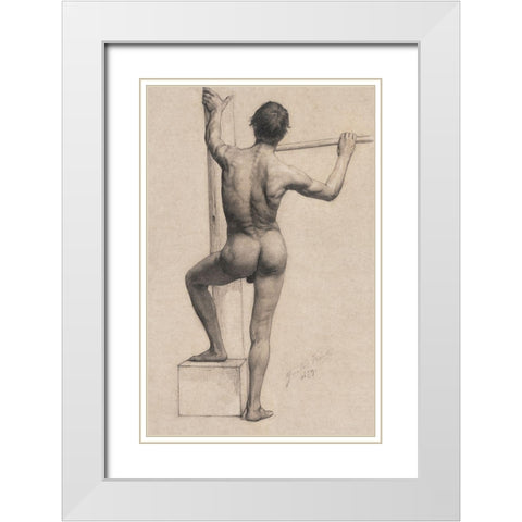 Male Nude with Left Foot on a Pedestal White Modern Wood Framed Art Print with Double Matting by Klimt, Gustav