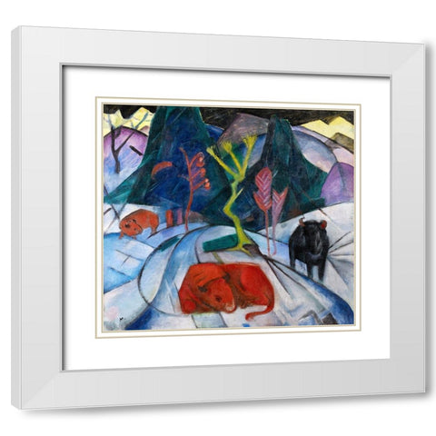 Bison in winter-red bison White Modern Wood Framed Art Print with Double Matting by Marc, Franz