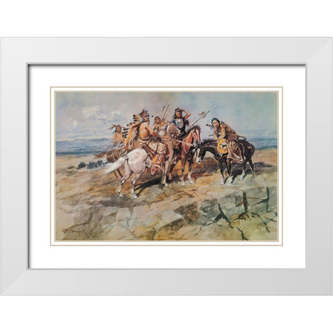 Approach of the White Men White Modern Wood Framed Art Print with Double Matting by Russell, Charles Marion