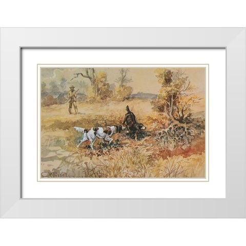 Huntsman and Dogs White Modern Wood Framed Art Print with Double Matting by Russell, Charles Marion