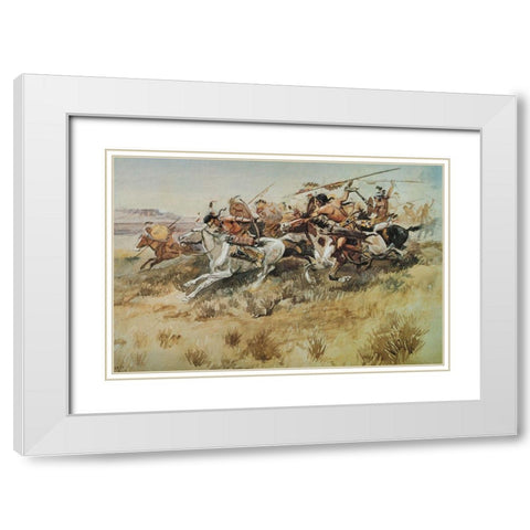 Indians Attacking White Modern Wood Framed Art Print with Double Matting by Russell, Charles Marion