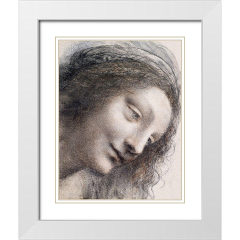 The Head of the Virgin in Three-Quarter View Facing Right White Modern Wood Framed Art Print with Double Matting by da Vinci, Leonardo