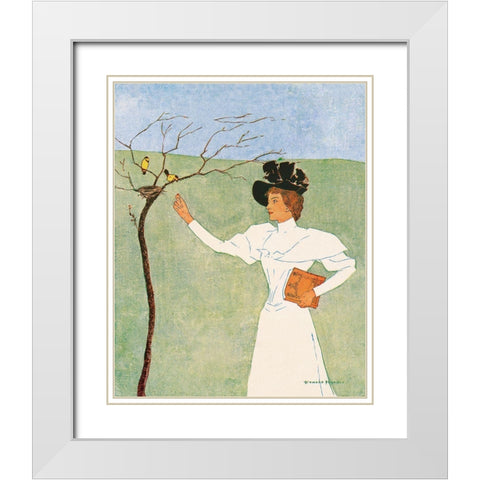 Woman Reaching for Birds White Modern Wood Framed Art Print with Double Matting by Penfield, Edward
