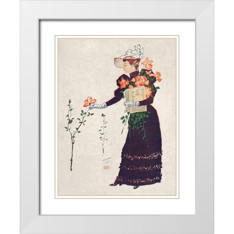 Woman Picking up Flowers White Modern Wood Framed Art Print with Double Matting by Penfield, Edward