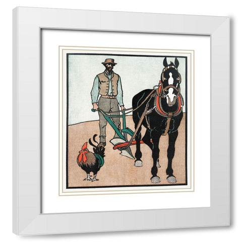 Man with Rooster and Horse White Modern Wood Framed Art Print with Double Matting by Penfield, Edward