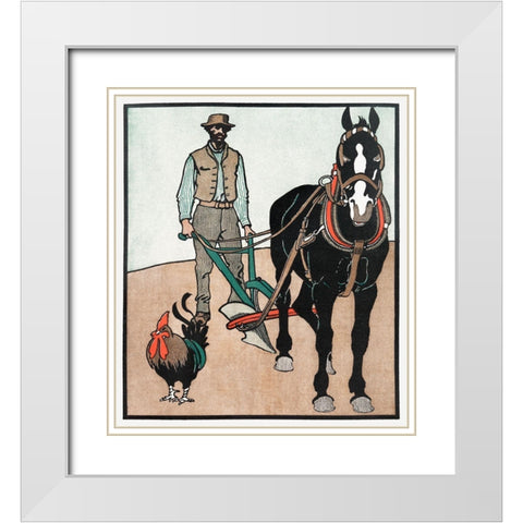 Man with Rooster and Horse White Modern Wood Framed Art Print with Double Matting by Penfield, Edward