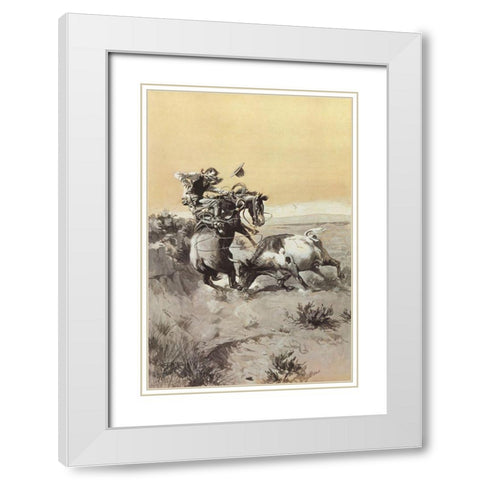 A Moment of Great Peril in a Cowboys Career White Modern Wood Framed Art Print with Double Matting by Russell, Charles Marion