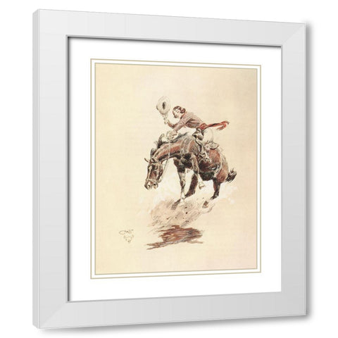 Bucking Horse and Cowgirl White Modern Wood Framed Art Print with Double Matting by Russell, Charles Marion