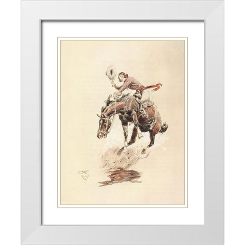 Bucking Horse and Cowgirl White Modern Wood Framed Art Print with Double Matting by Russell, Charles Marion
