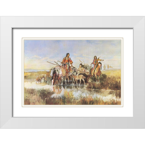 Indian Women with Travois White Modern Wood Framed Art Print with Double Matting by Russell, Charles Marion