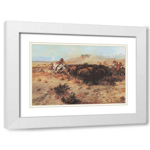 The Buffalo Hunt No 26 White Modern Wood Framed Art Print with Double Matting by Russell, Charles Marion
