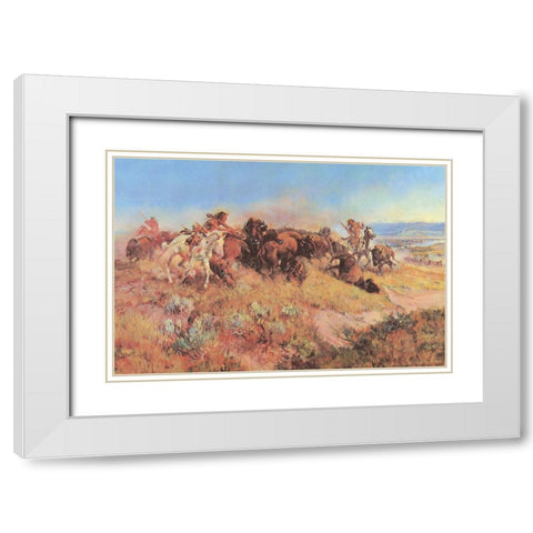 The Buffalo Hunt No 40 White Modern Wood Framed Art Print with Double Matting by Russell, Charles Marion