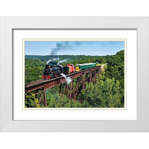 A steam train crosses the 156-foot-tall Bass Point Creek Bridge-Iowa White Modern Wood Framed Art Print with Double Matting by Highsmith, Carol