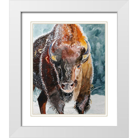 Bison Bull White Modern Wood Framed Art Print with Double Matting by Derr, Wynn