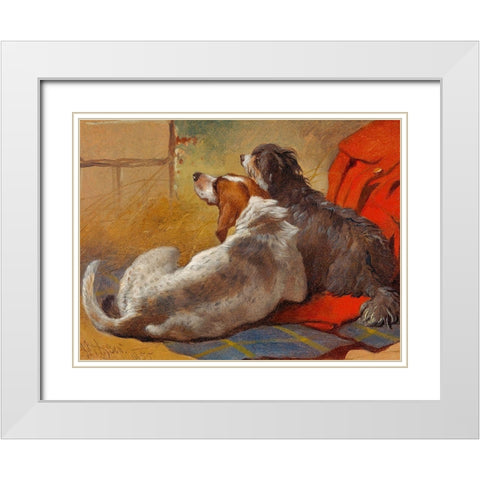 A Hound and a Bearded Collie seated on a Hunting Coat White Modern Wood Framed Art Print with Double Matting by Herring, John Frederick