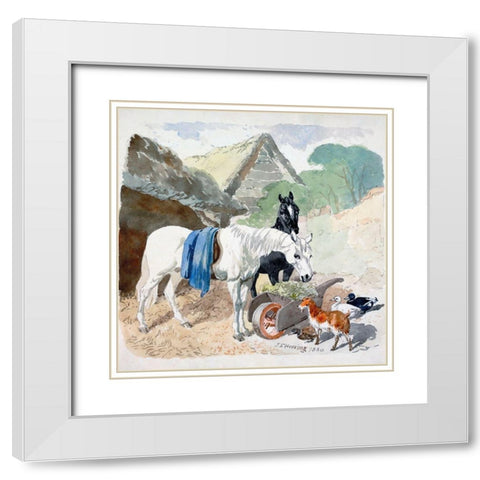 Two Horses Eating From a Wheel-Barrow Watched by a Goat and Three Ducks White Modern Wood Framed Art Print with Double Matting by Herring, John Frederick