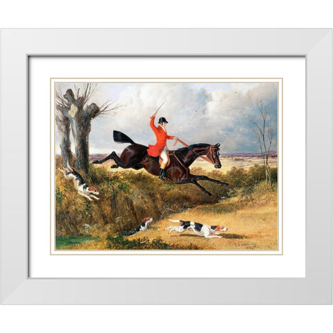 Foxhunting-Clearing a Ditch White Modern Wood Framed Art Print with Double Matting by Herring, John Frederick