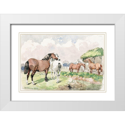 Five Horses near a Brook White Modern Wood Framed Art Print with Double Matting by Herring, John Frederick