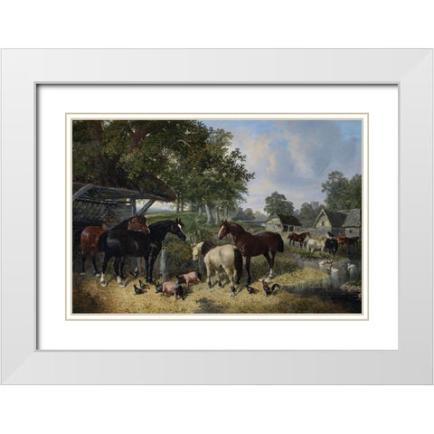 Horses-pigs and chickens in a farmyard White Modern Wood Framed Art Print with Double Matting by Herring, John Frederick