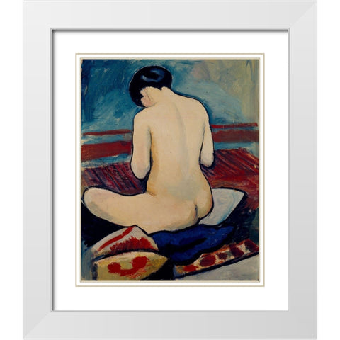 Sitting Nude with Pillow White Modern Wood Framed Art Print with Double Matting by Macke, August