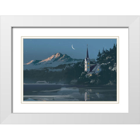 Winter Church White Modern Wood Framed Art Print with Double Matting by East Coast Licensing